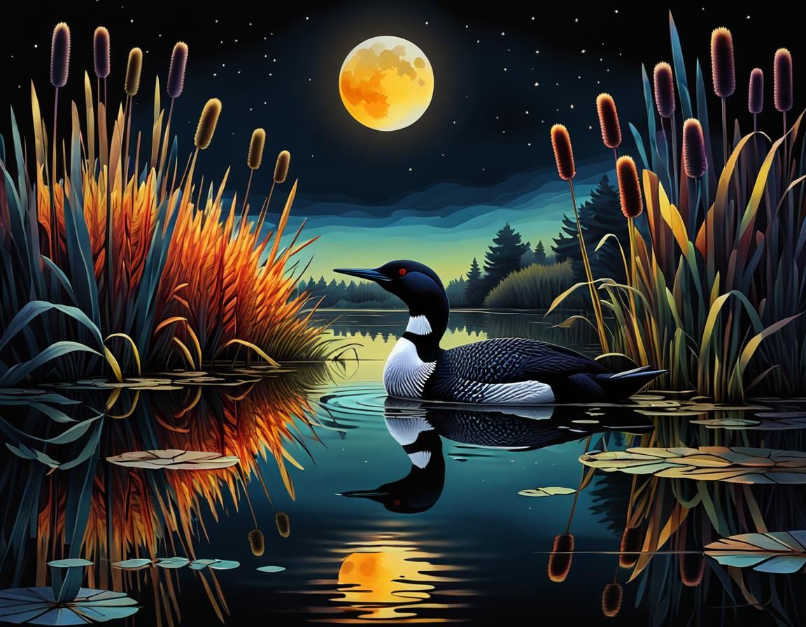 Surreal Eclipse Reflecting on Pond in Gouache Style