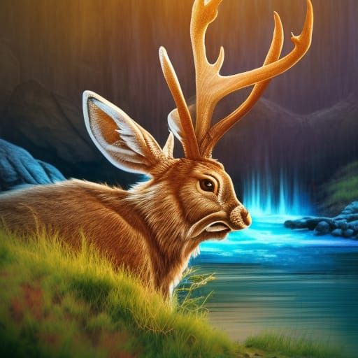 Hyperrealistic Jackalope at Waterfall: Splash Art