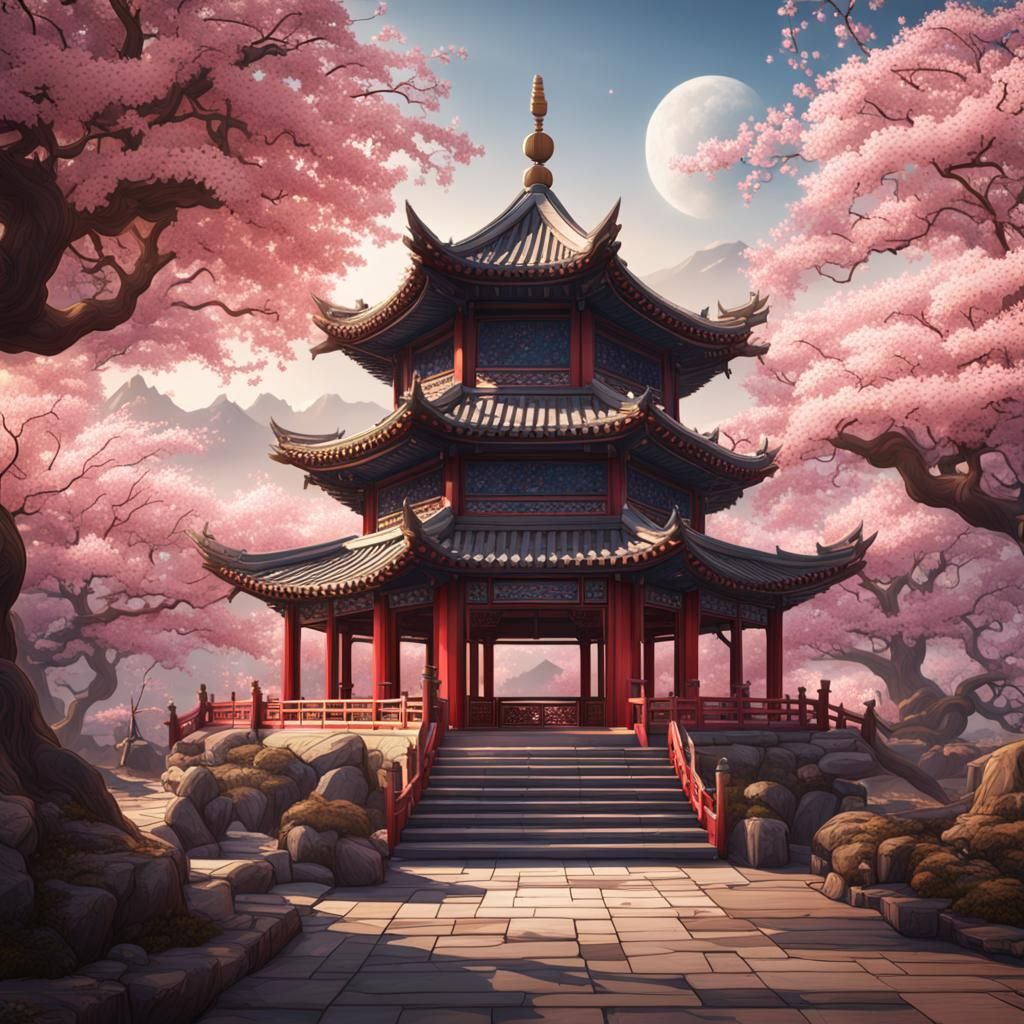 Chinese Pavilion Line Art with Cherry Blossoms