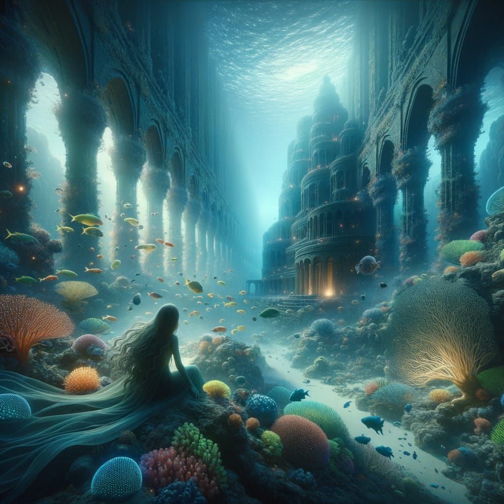 Bioluminescent Underwater City in Ancient Coral Reef