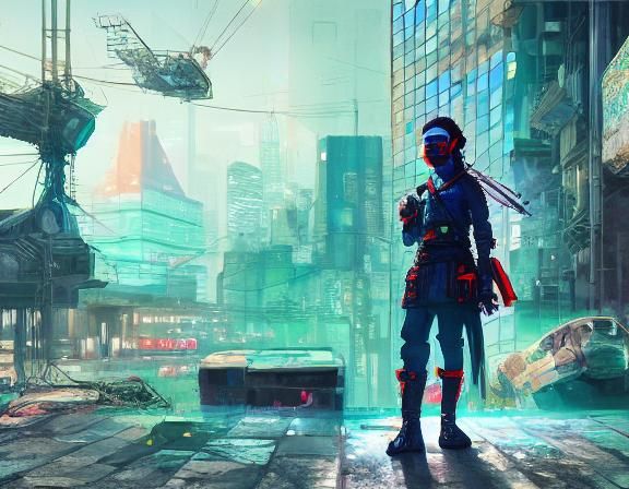 Cyberpunk Ninja Girl in Emotional Storybook Illustration