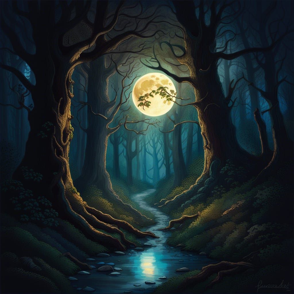 Mystical Moonlit Forest in Hyperrealistic Splash Art