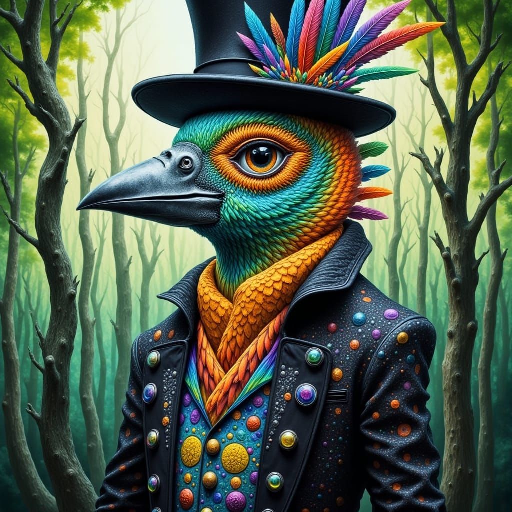 <lora:Abstract Reality:1.0> exotic bird dressed in a black hat and funky suit reminiscent of the mad hatter in alice and...