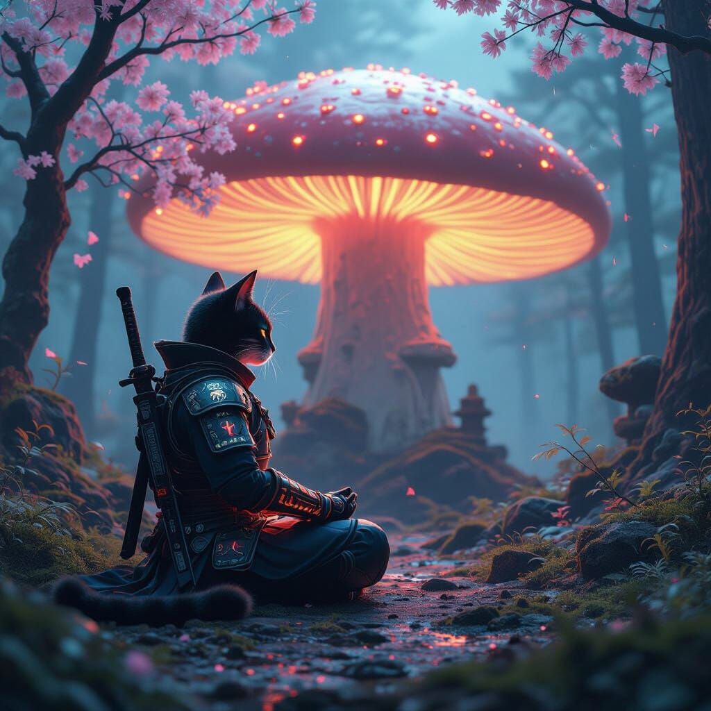 Neon Samurai Cat Meditates in Enchanted Forest