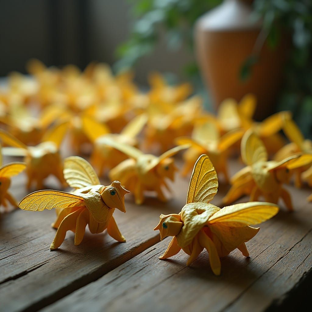 Whimsical Origami Bees in a Fantastical Woodland Scene