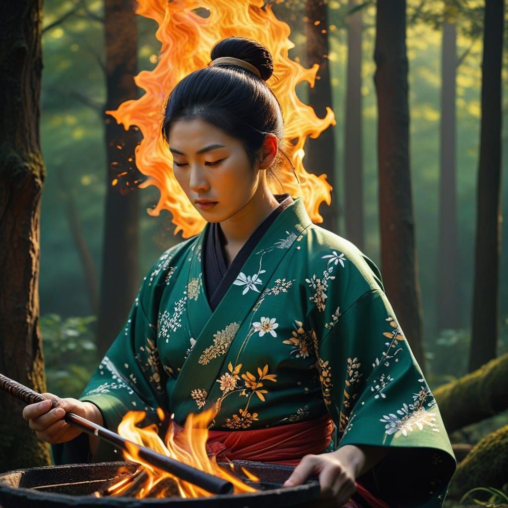 Surreal Samurai Grills Yaki in Serene Forest Glade, in Ukiyo...