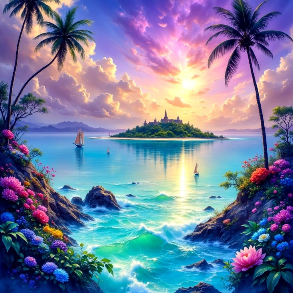 Tropical Island Seascape with Crepuscular Rays