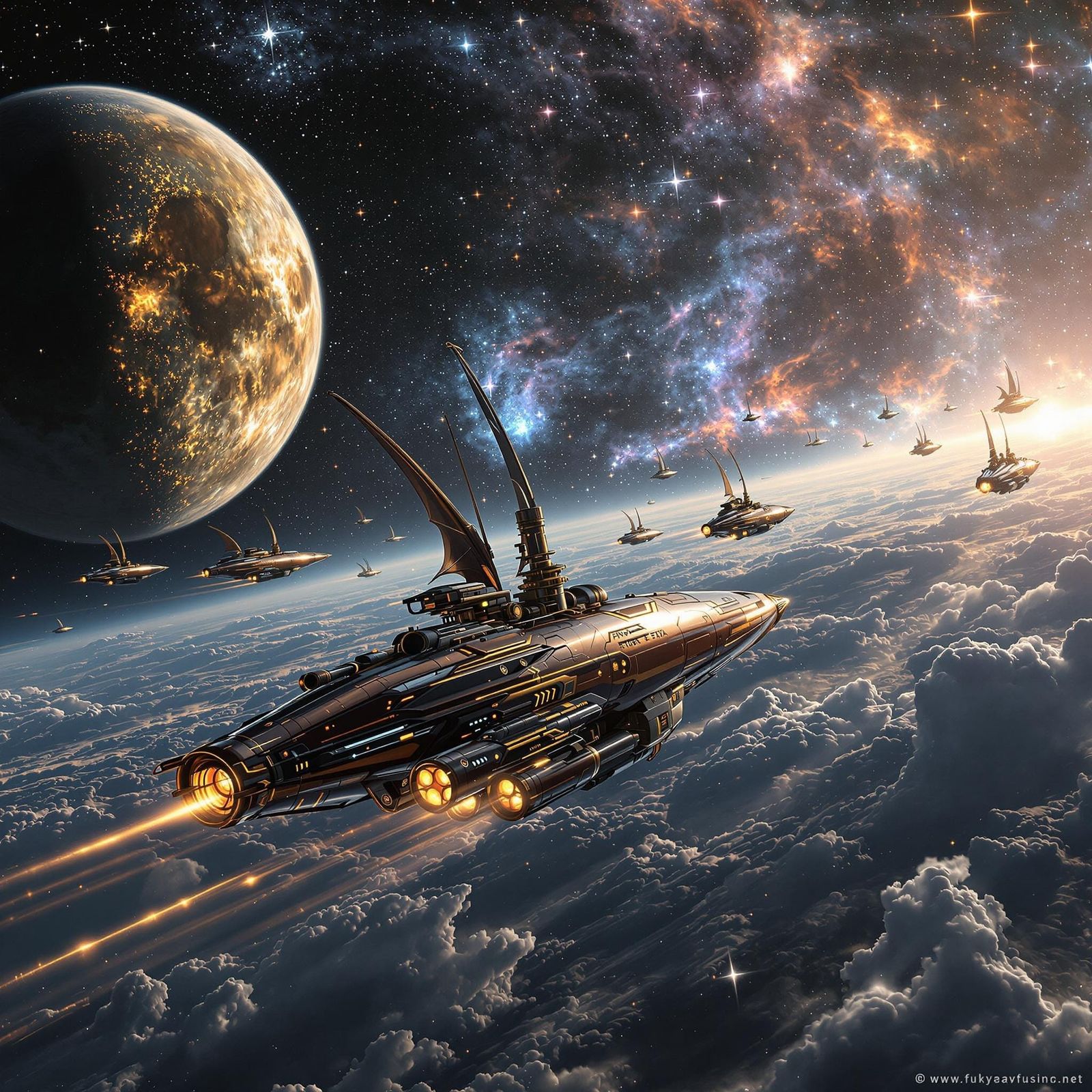 Majestic Copper-Hulled Spaceships Navigate Starfield