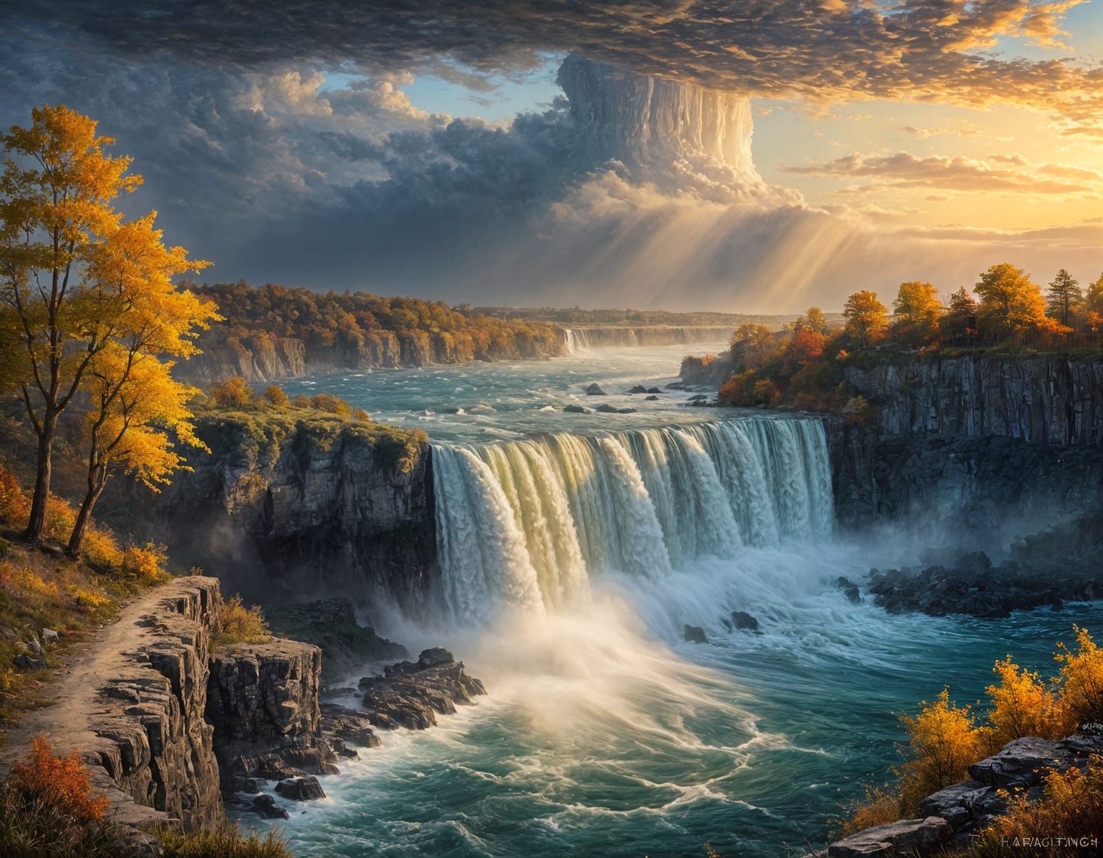 Niagara Falls in Autumn Dusk Impasto Oil Painting