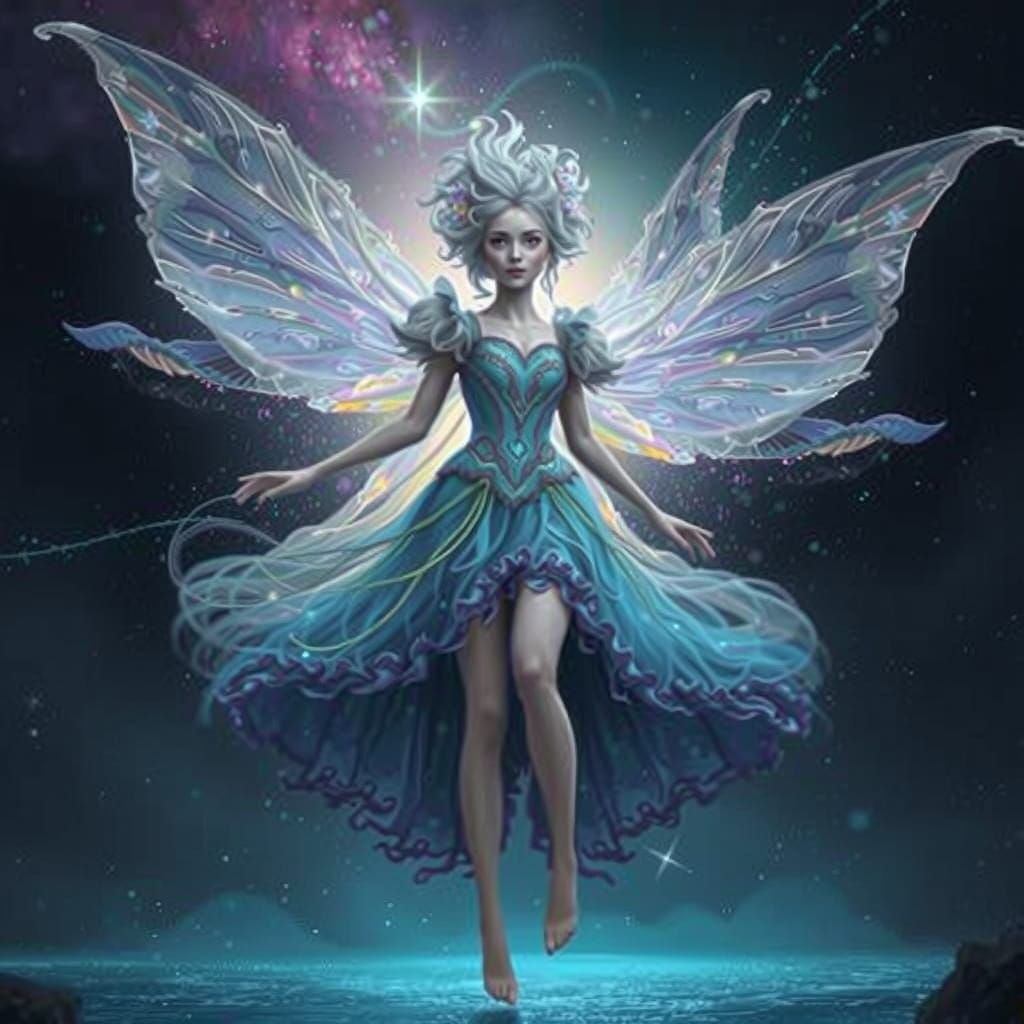 Shimmering Fairy in Starry Ocean: Surreal Fantasy Art