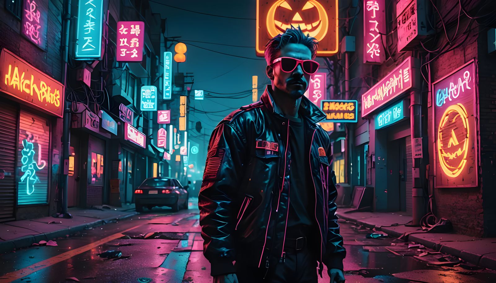 Neon Jack-o'-Lantern in Retro-Futuristic Cityscape