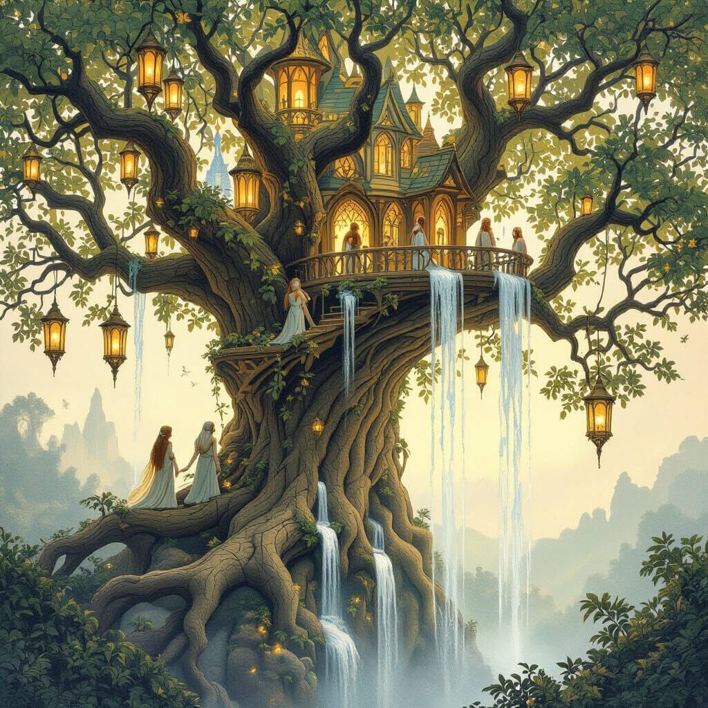 Ethereal Elven City in Ancient Oak, Fantasy Art Nouveau