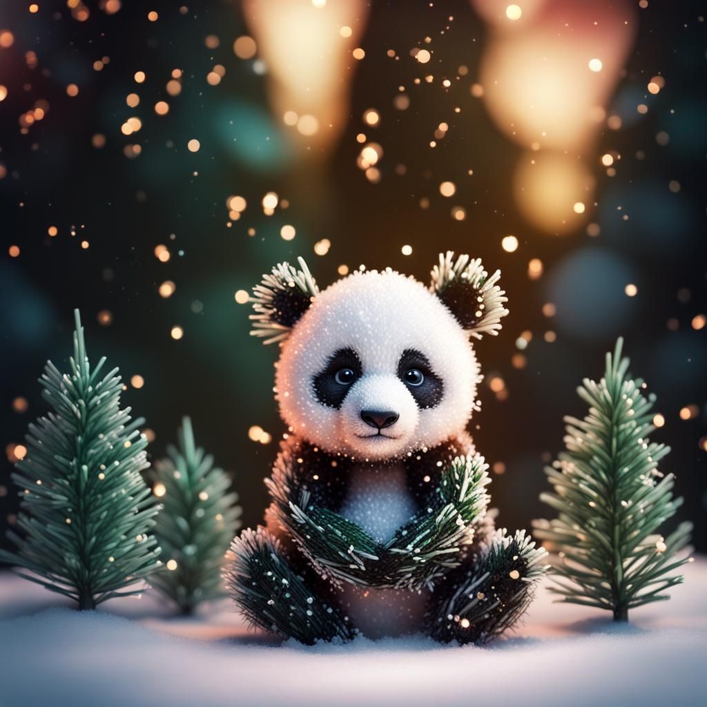 Snowy Pine Needle Panda: Hyperrealistic Concept Art