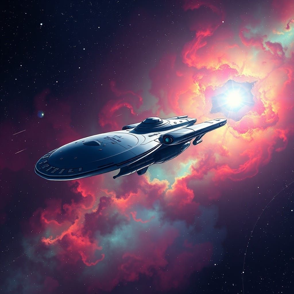 Starfleet Ship in Vibrant Nebula Anime Style
