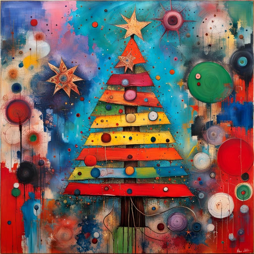 Surreal Christmas Tree Folk Art Painting