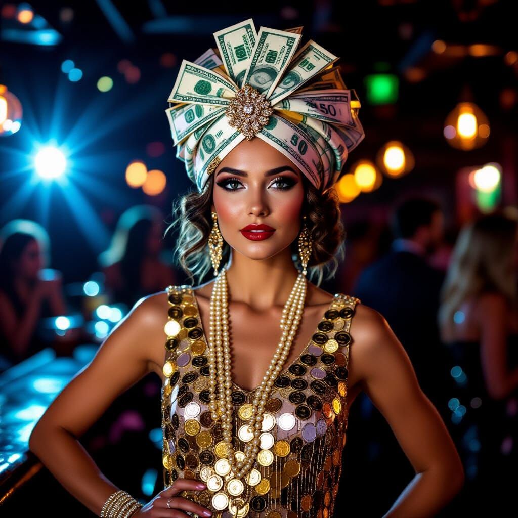 Glamorous Flapper Dress Made of Gold Coins in Nightclub