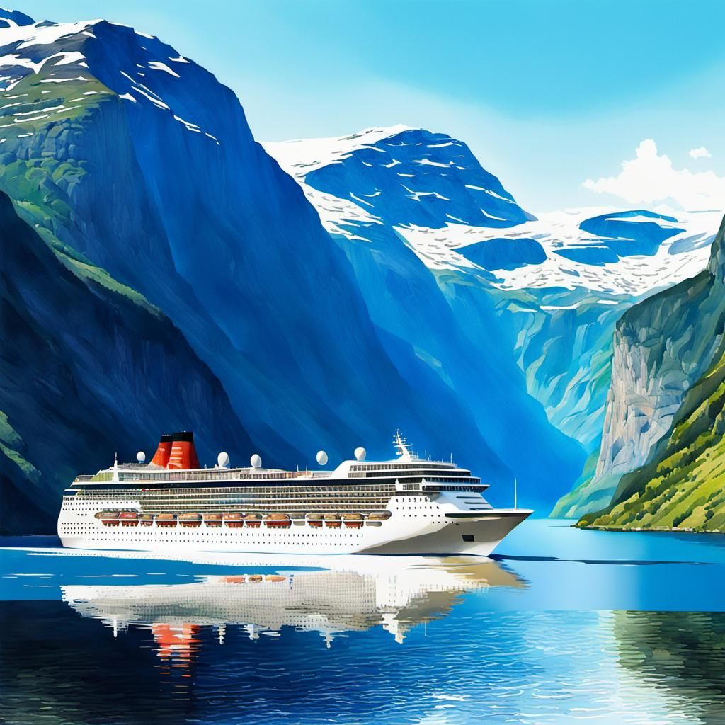 Cruise Ship in Geirangerfjorden: Watercolor Painting