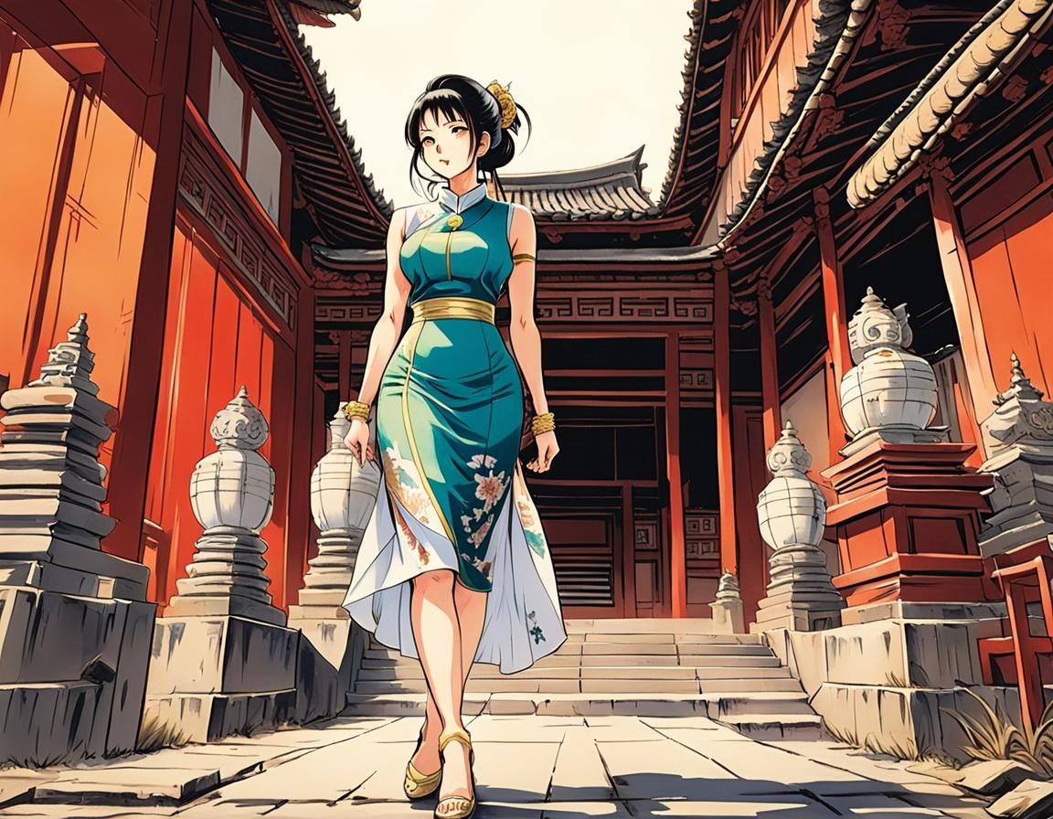 Anime Beauty in Qipao, Akira Toriyama Style