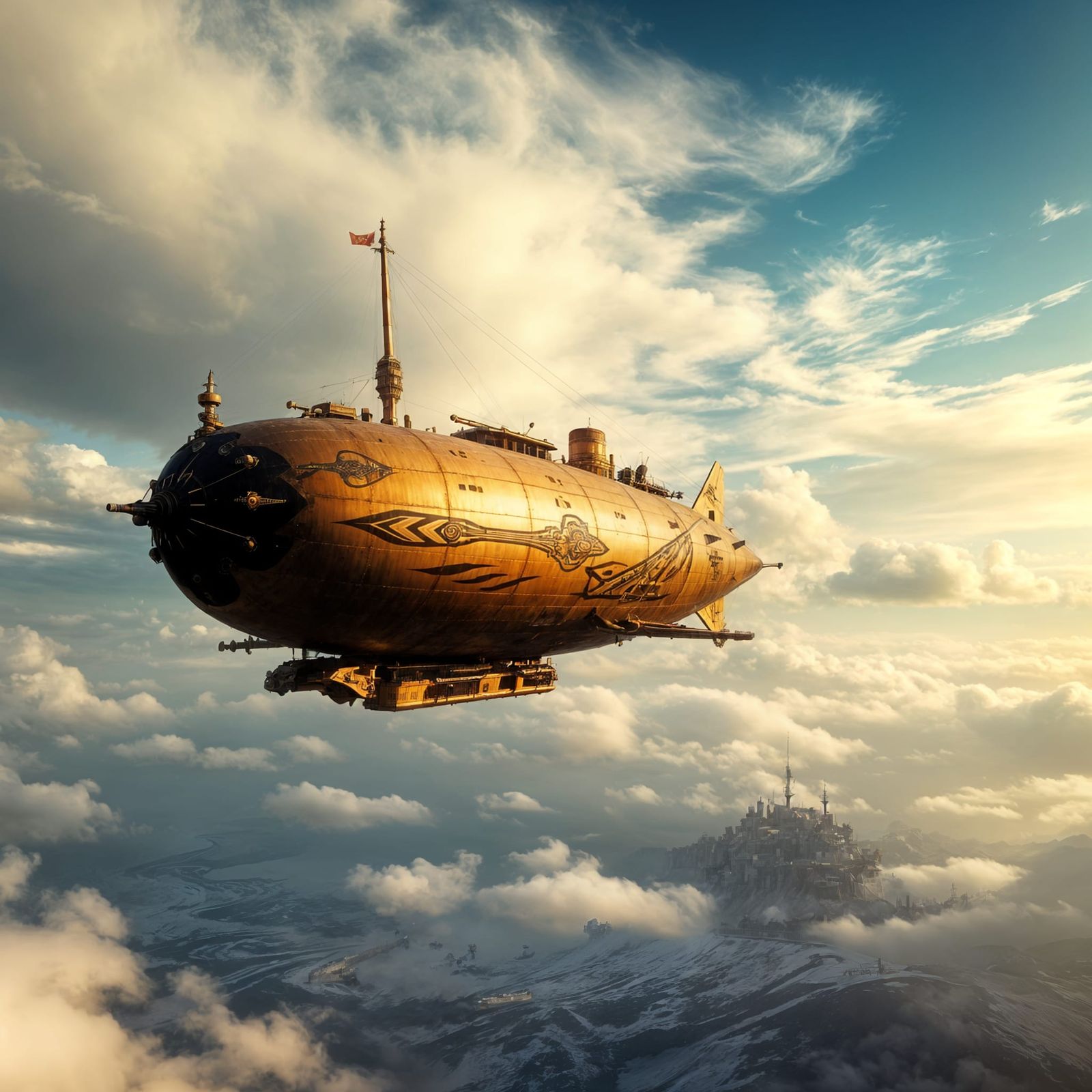 Steampunk Airship Soars Above Majestic Island Landscape