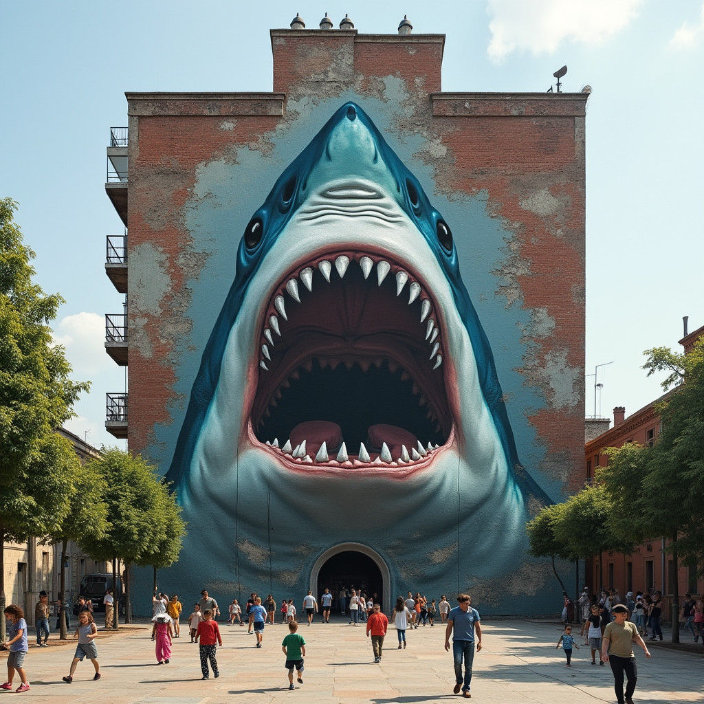 Gargantuan Shark Mural in Lively Town Square