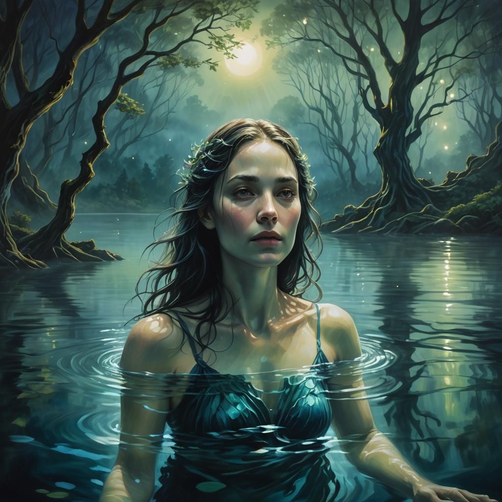 Mystical Woman Swimming in Midnight Lake Oil Painting