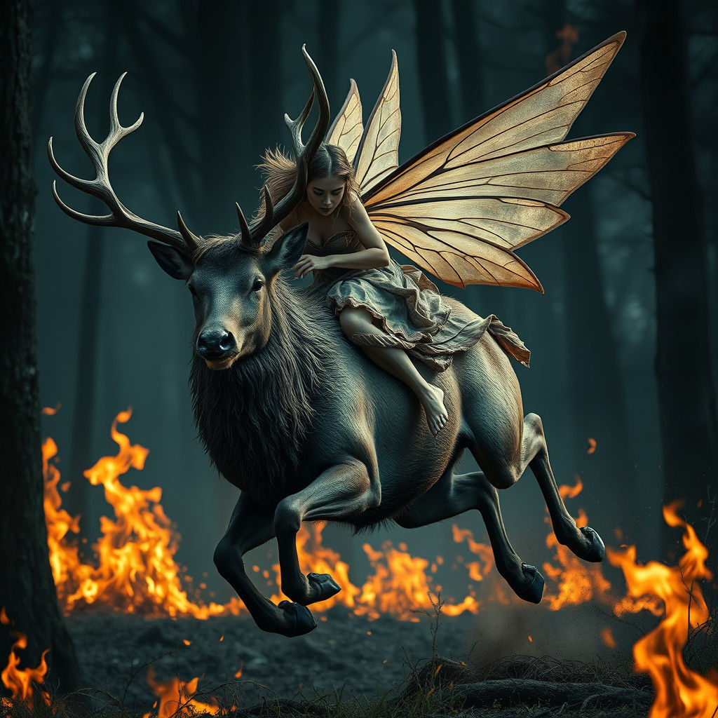 Faerie and Stag Escape Burning Forest