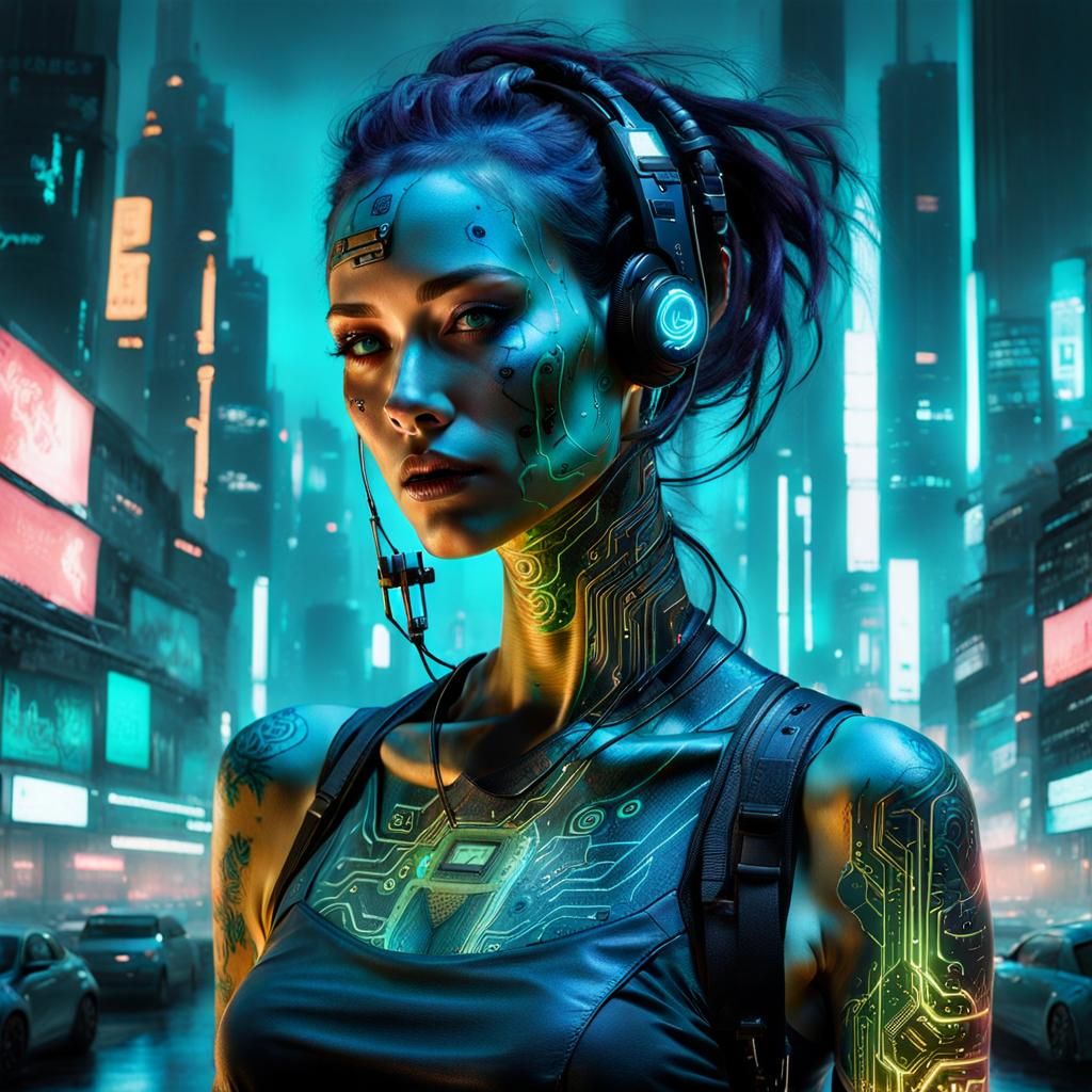 Cyberpunk Hacker with Bioluminescent Tattoos