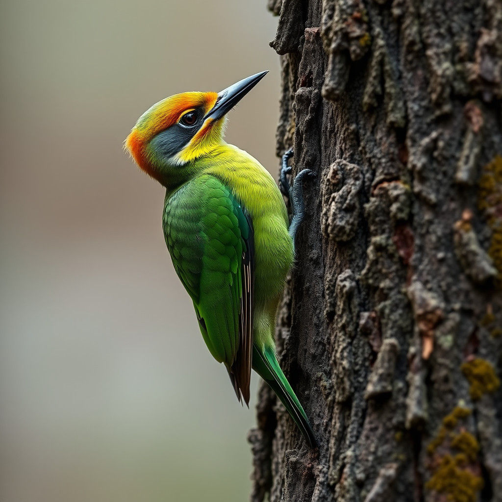 Vibrant Green Woodpecker on Tree Bark