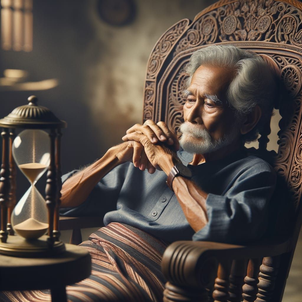 Elderly Man Reflects on Time with Hourglass