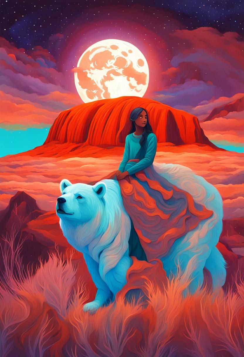 Girl Rides Bioluminescent Bear Under Starry Sky