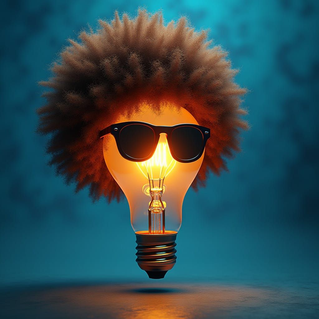 Vibrant Afro Wigged Lightbulb Character in Gradient Blue