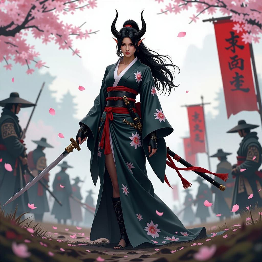 Tiefling Warrior in Kimono on Battlefield: Dark Fantasy Art