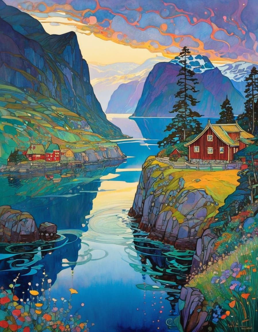 Colorful Norwegian Fjord Inspired by Art Nouveau