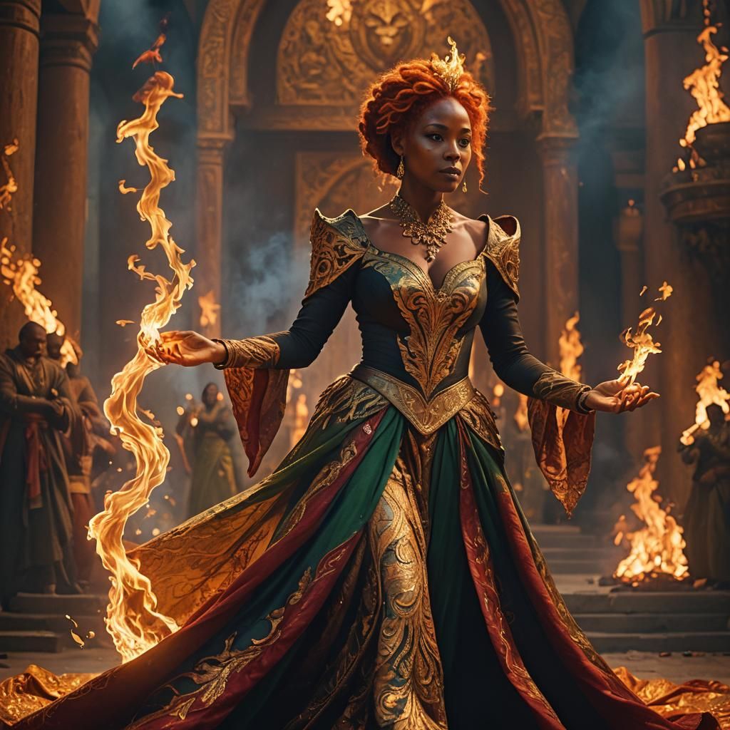 Fire Genasi Woman Holding Flames in Golden Gown