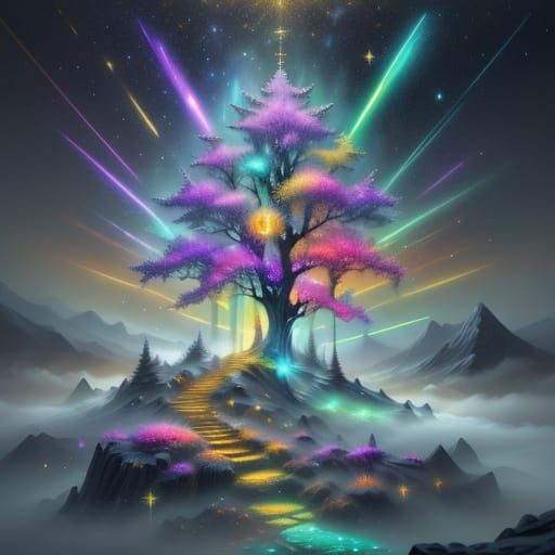 Vibrant Light Beams Pierce Ethereal Fog in Abstract Style