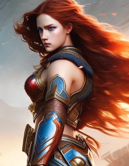 Warrior girl with wavy red hair 123