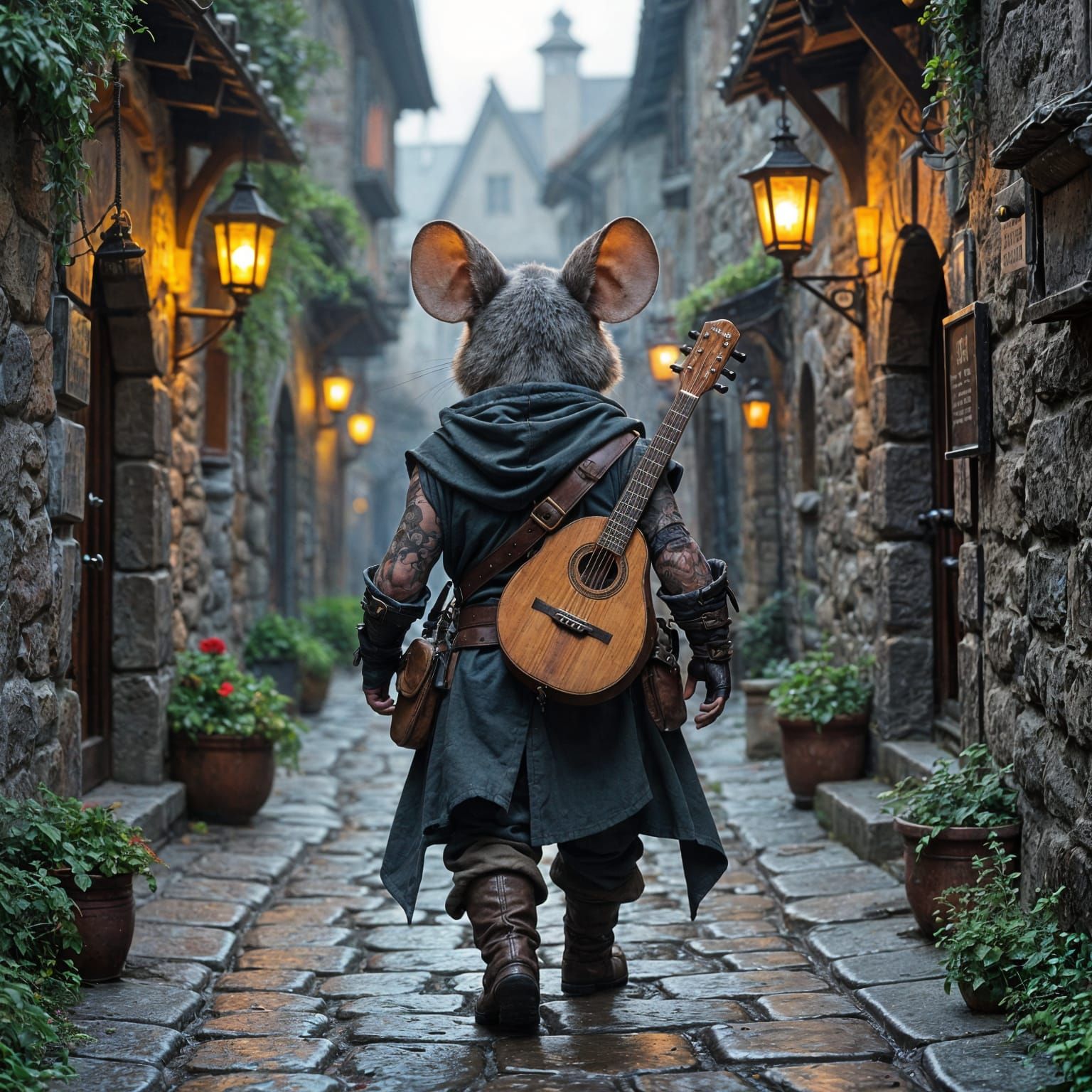 Anthropomorphic Mouse Wanderer in Medieval Alleyway
