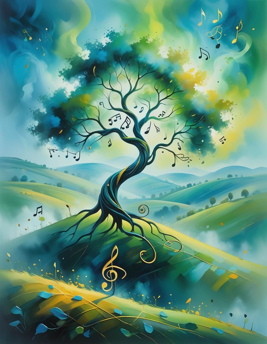 Musical Tree in Dreamlike Oil Painting Landscape