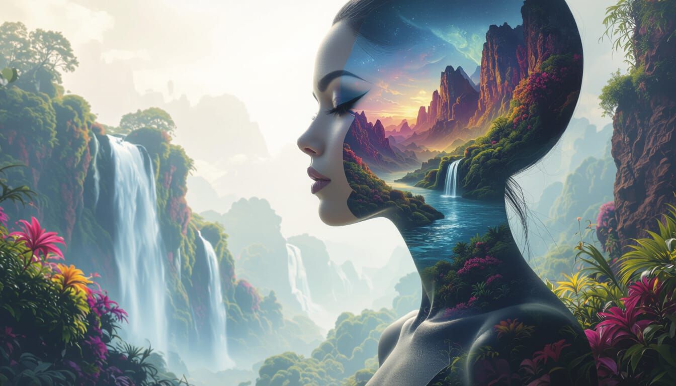 Alien Woman Portrait with Inner World Landscape