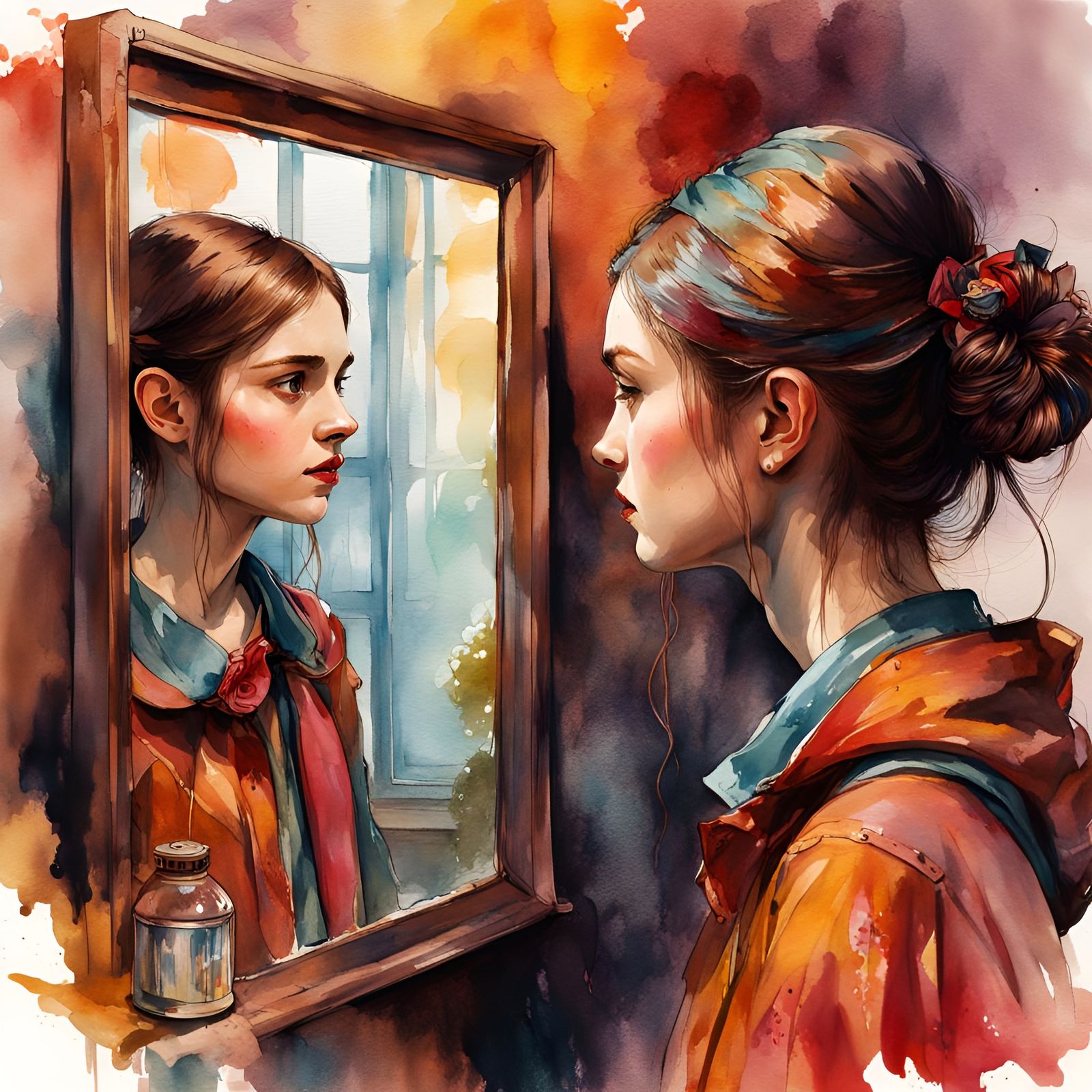 Girl Gazing in Mirror: Watercolor and Ink Illustration