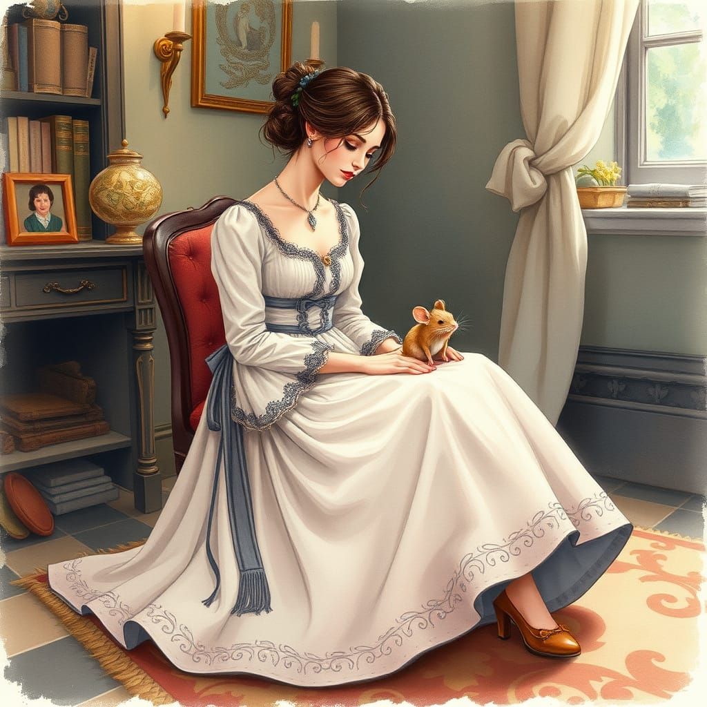 Elegant Woman with Mouse in Cozy Room, Beatrix Potter Style