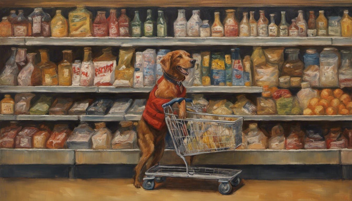 Dog Shopper in Grocery Store, Oil Painting