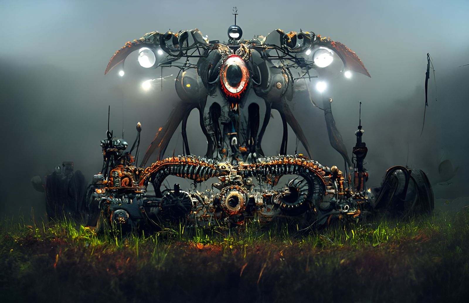 Mechanical Serpent Emerges from Grassy Plain as Digital Art