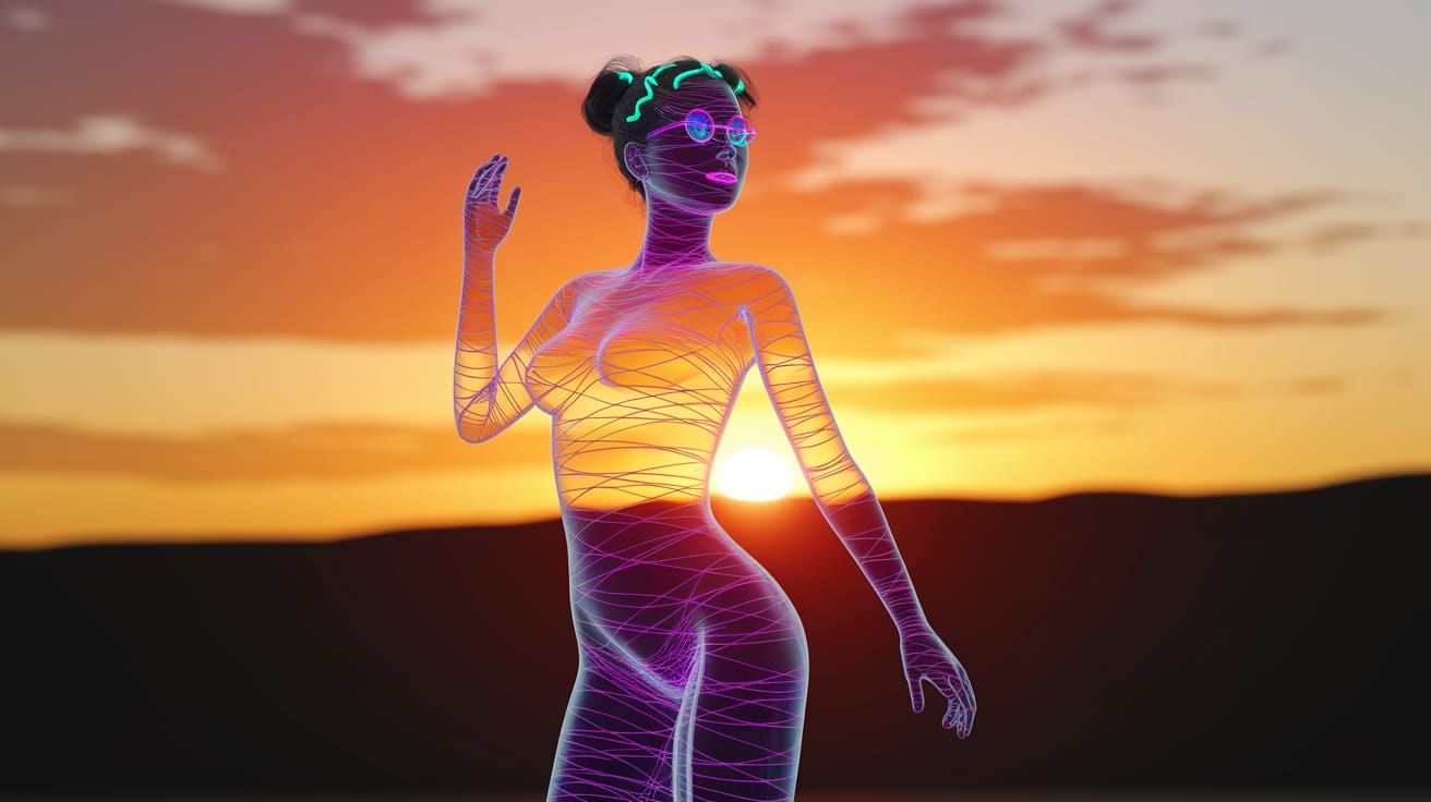 Cyberpunk Woman in Neon Hues at Sunset