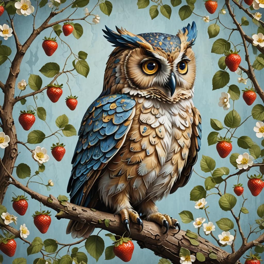 Strawberry Owl with Blue Eyes on Branch