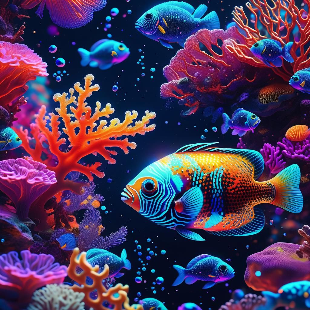 Vibrant Cosmic Underwater Landscape in Mixed Media