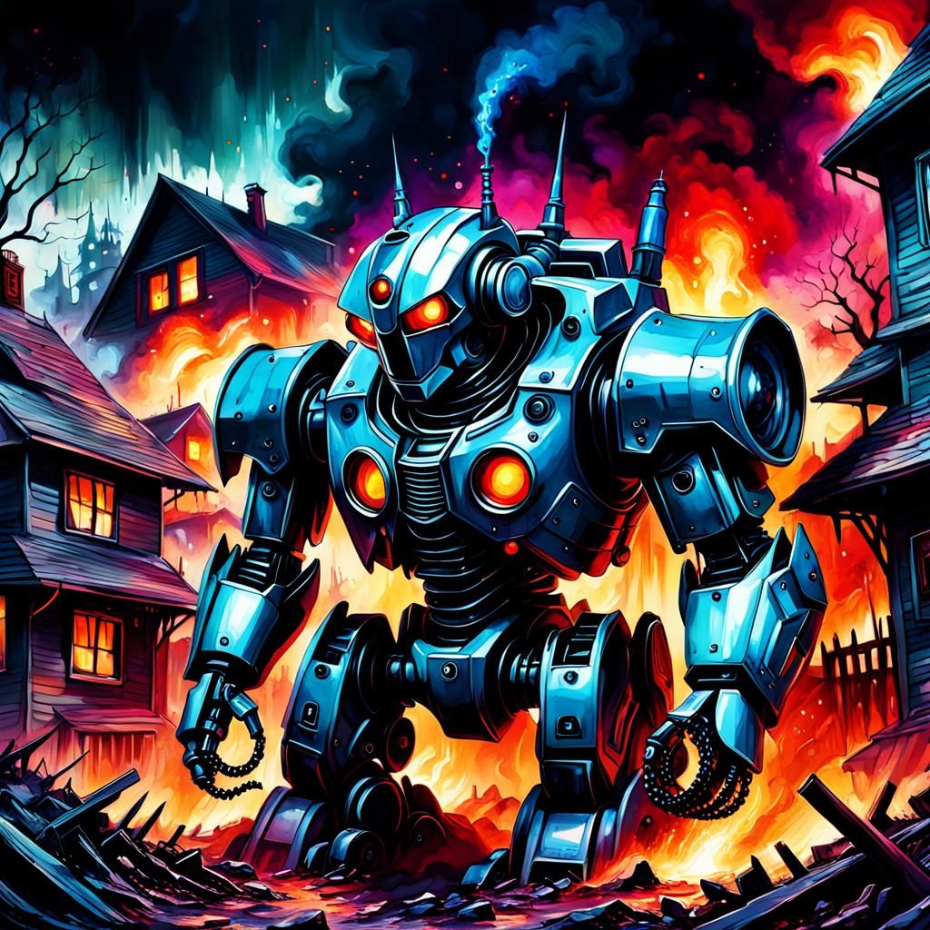 Evil Robots Destroying Homes in Dystopian Fantasy