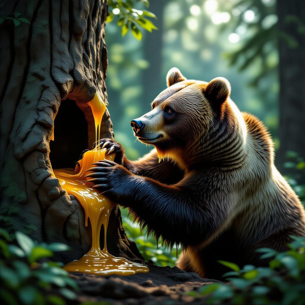 Photorealistic Bear Transforms Into Honey in Forest