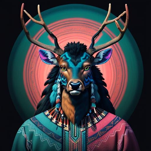 Neon Deer Spirit in Mystical Tribal Art