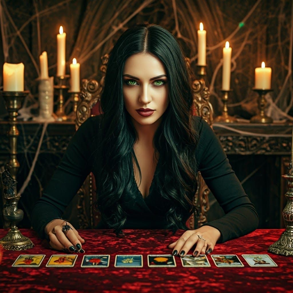 Mysterious Woman Reading Tarot in Gothic Chamber